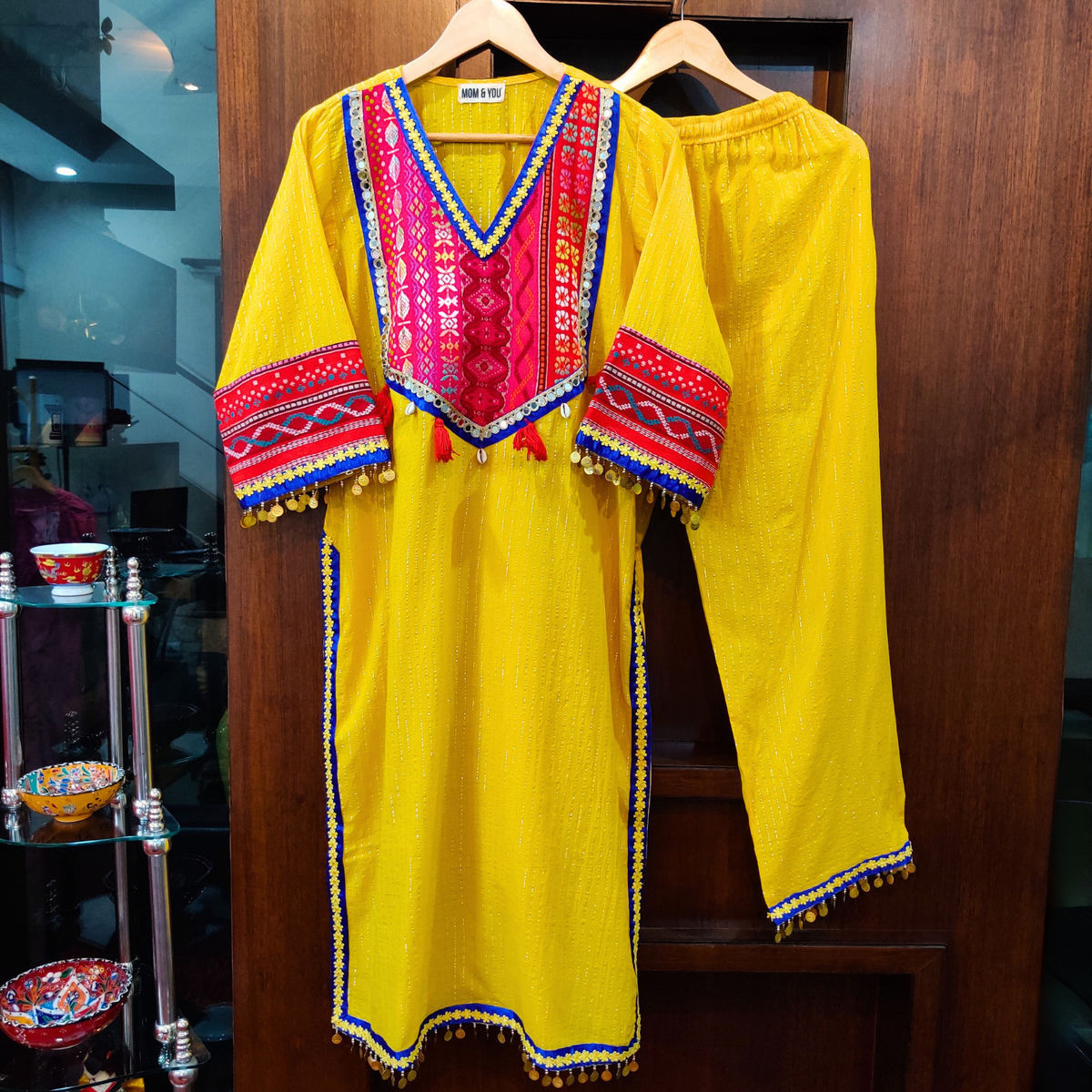 Yellow Lurex Cotton Stitched Co-Ord Set with Mirrors