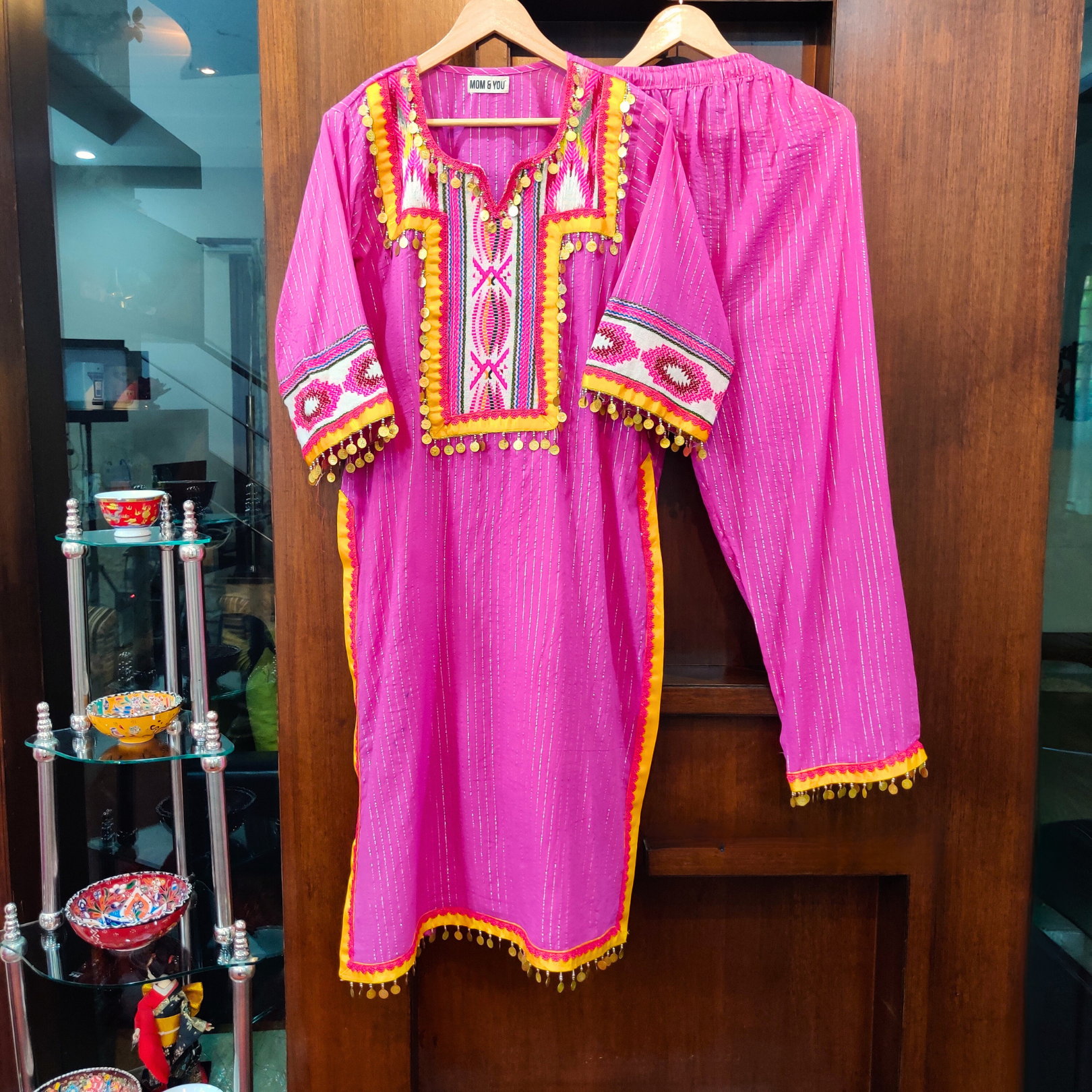 Pink Multi-Colour Yellow Embroidered Lurex Cotton Stitched Co-Ord Set