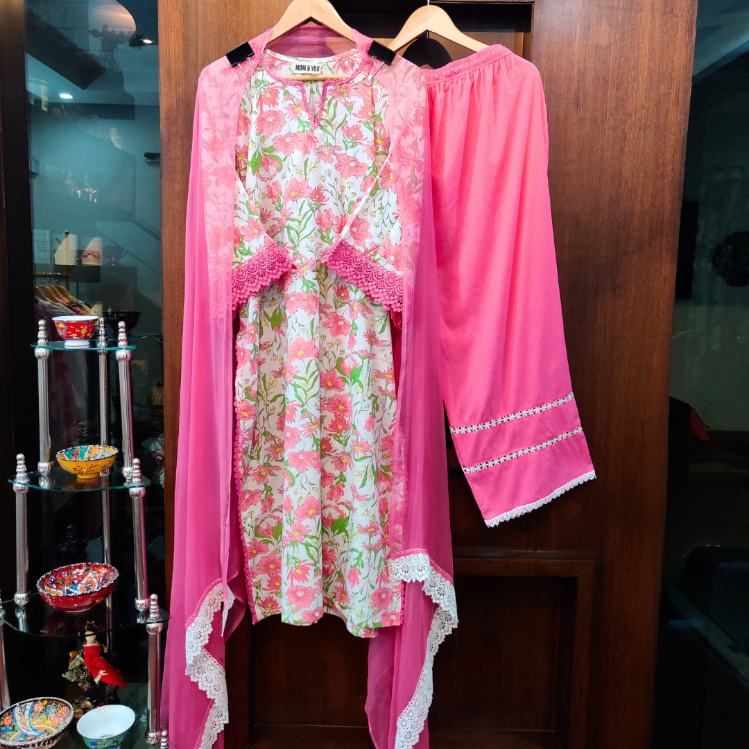 White Cotton Pink Floral handblock Stitched Suit Set