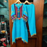 Sky Blue Multi-Colour Embroidered Lurex Cotton Stitched Co-Ord Set