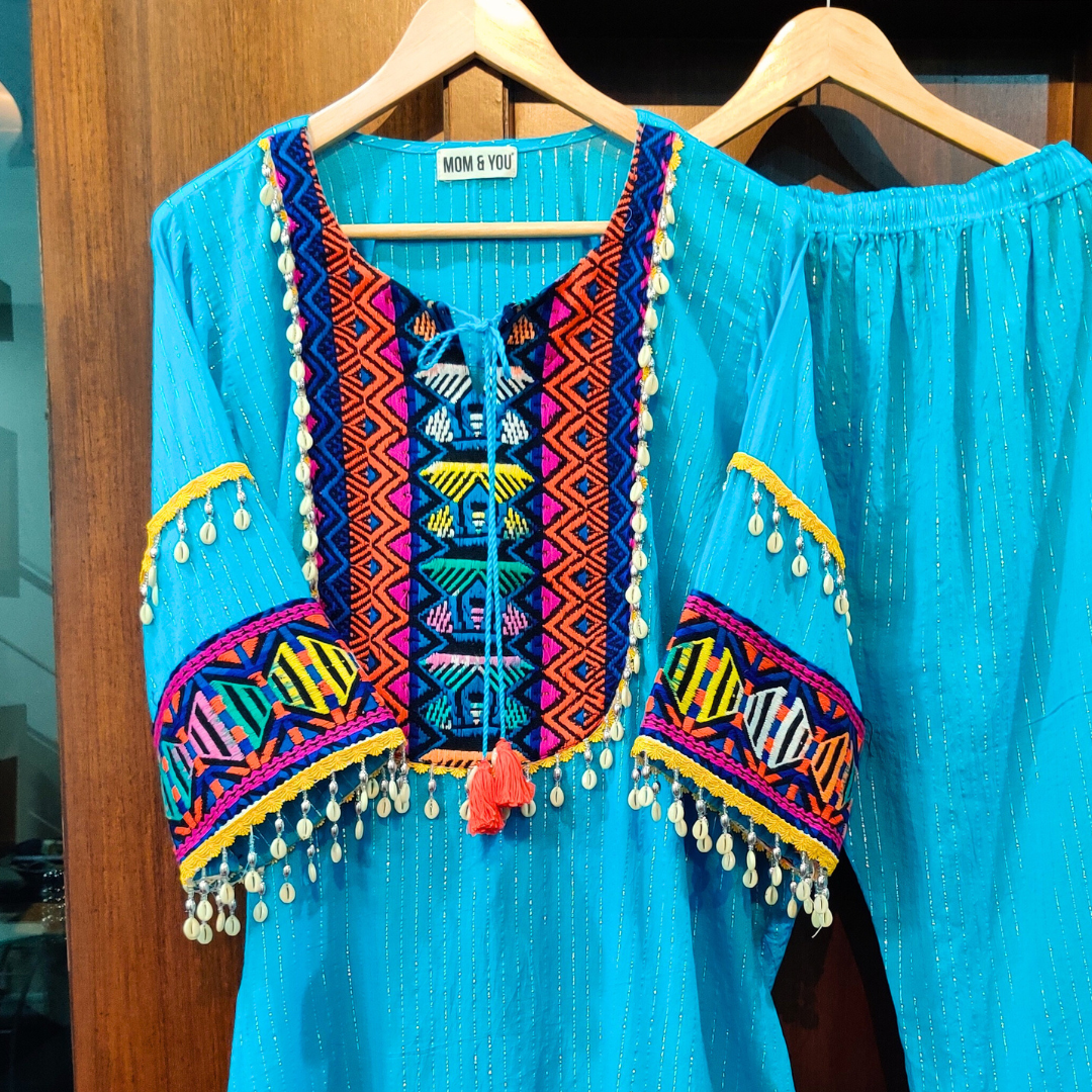 Sky Blue Multi-Colour Embroidered Lurex Cotton Stitched Co-Ord Set