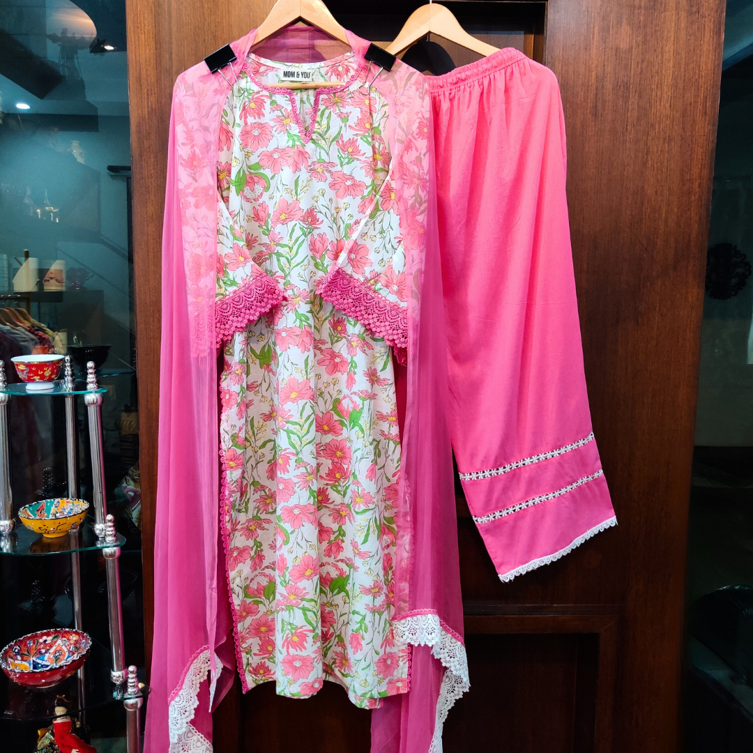 White Cotton Pink Floral handblock Stitched Suit Set