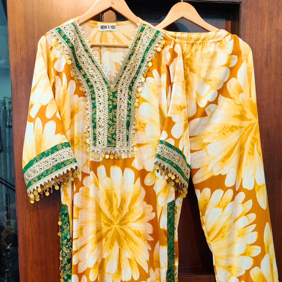 Yellow and Brown Moss Georgette Stitched Co-Ord Set