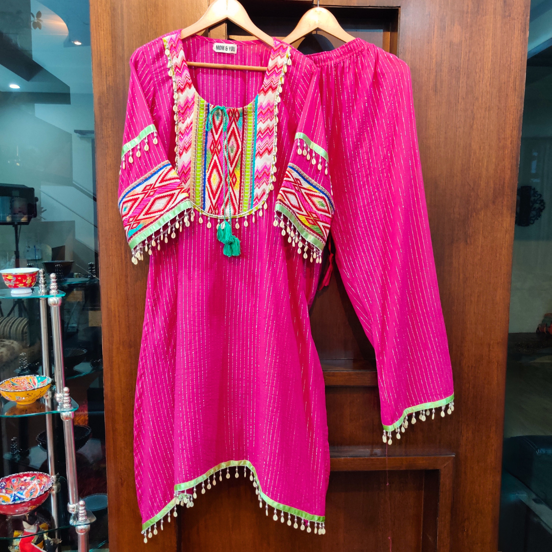 Magenta Multi Colour Embroidered Lurex Cotton Stitched Co-Ord Set