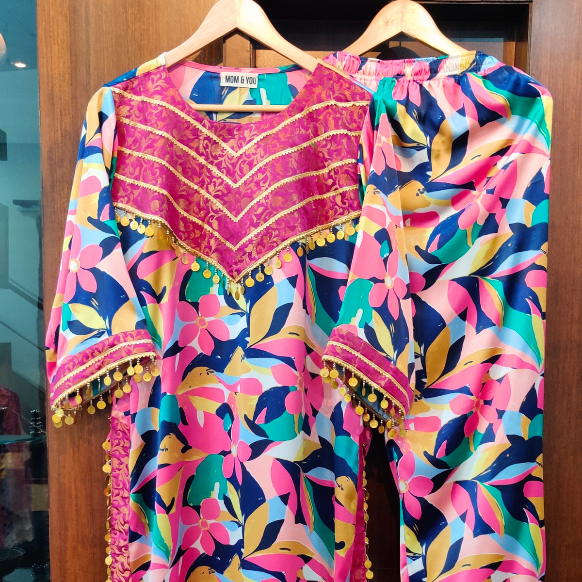 Multi Colour Digital Printed Satin Silk Stitched Co-Ord Set