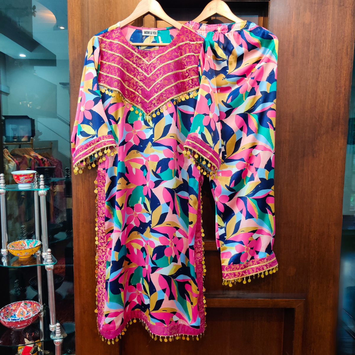 Multi Colour Digital Printed Satin Silk Stitched Co-Ord Set