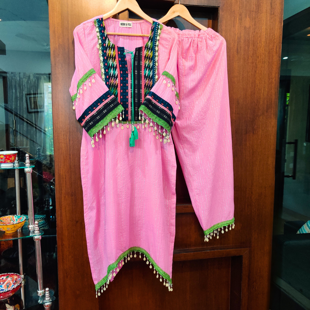 Pink Multi Colour Embroidered Lurex Cotton Stitched Co-Ord Set