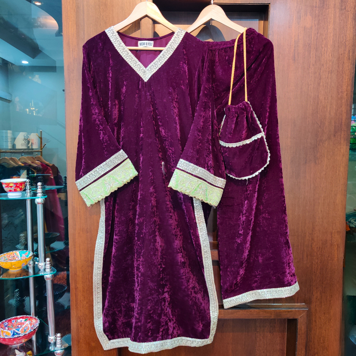 Purple Velvet Silver Gota Stitched Co-Ord Set