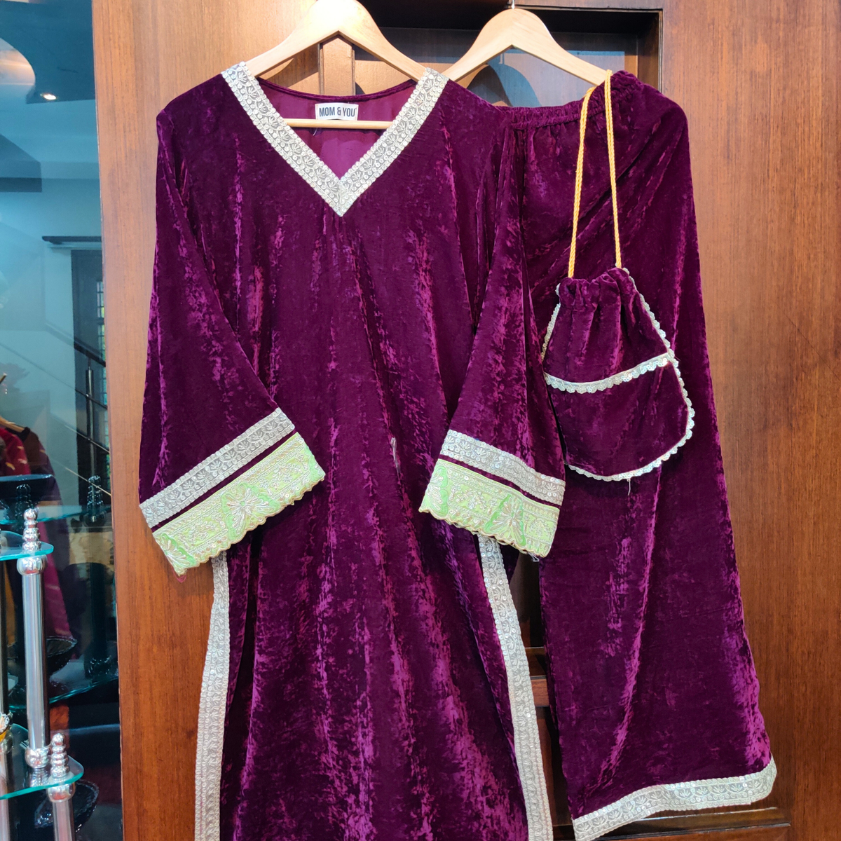 Purple Velvet Silver Gota Stitched Co-Ord Set