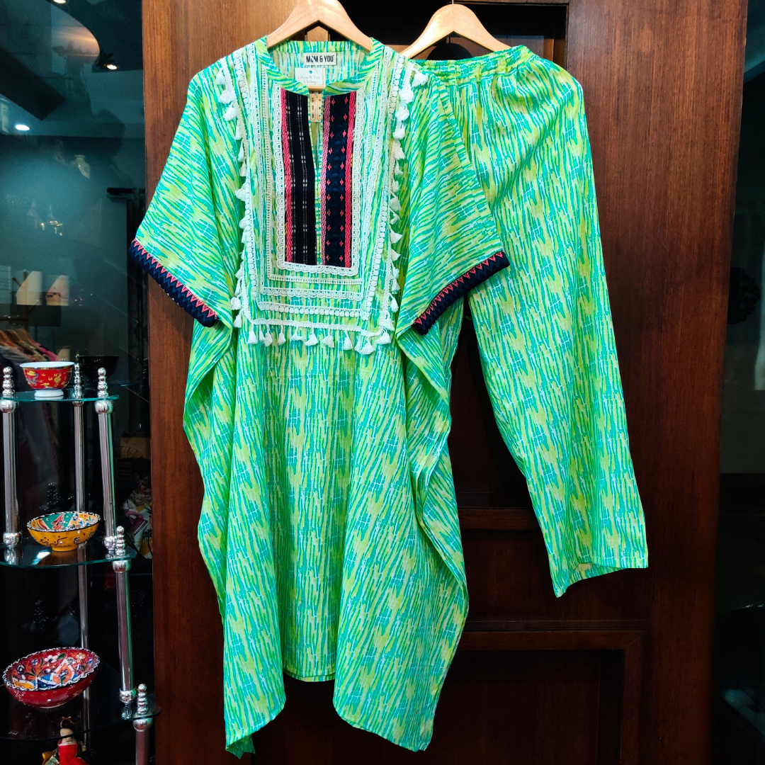 Lime Green Tie Dye Embroidered Cotton Stitched Co-Ord Set