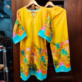 Yellow Digital Printed Linen Cotton Stitched Co-Ord Set