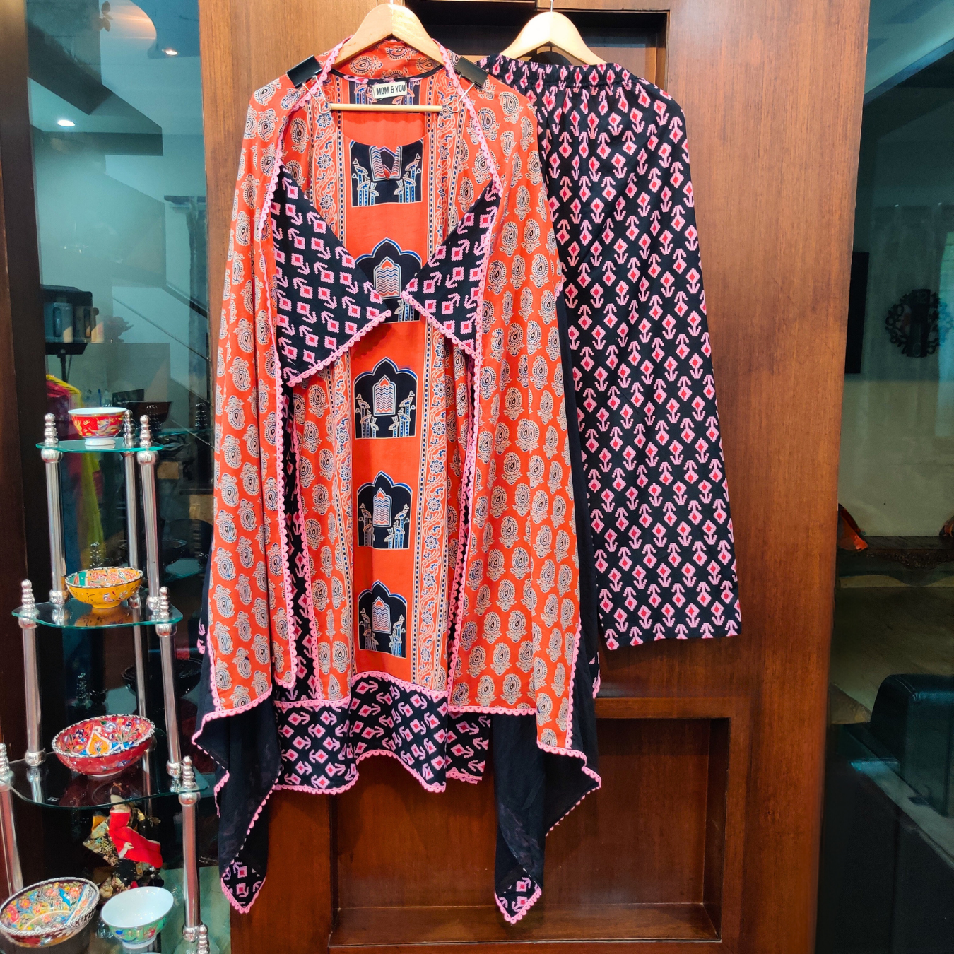 Orange Paisley Abstract Ajrakh Cotton Stitched Suit Set