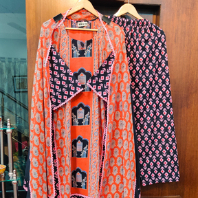 Orange Paisley Abstract Ajrakh Cotton Stitched Suit Set