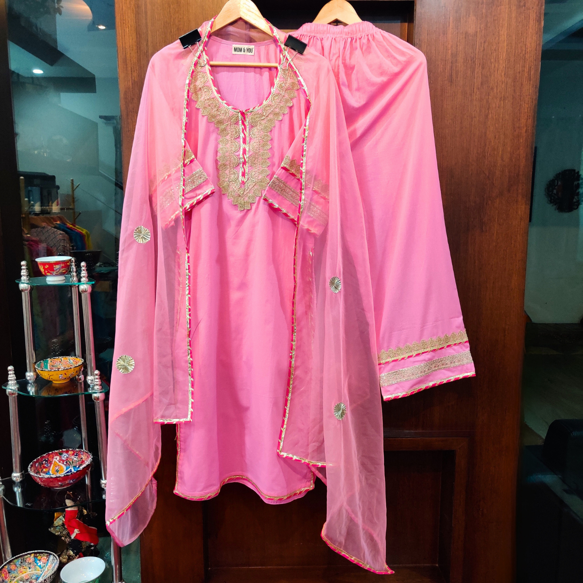 Pink Magenta Golden Gota Cotton Stitched Suit Set