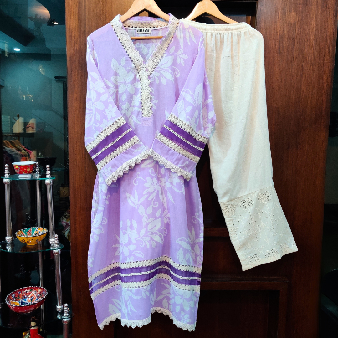 Purple Lilac Handblock Cotton Stitched Co-Ord Set