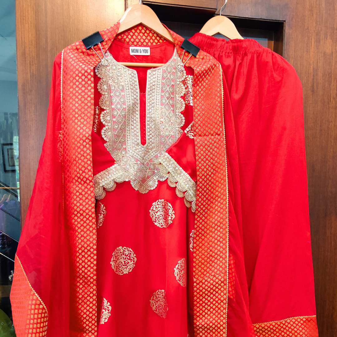 Red Silk Handblock Banarsi Gota Stitched Suit Set