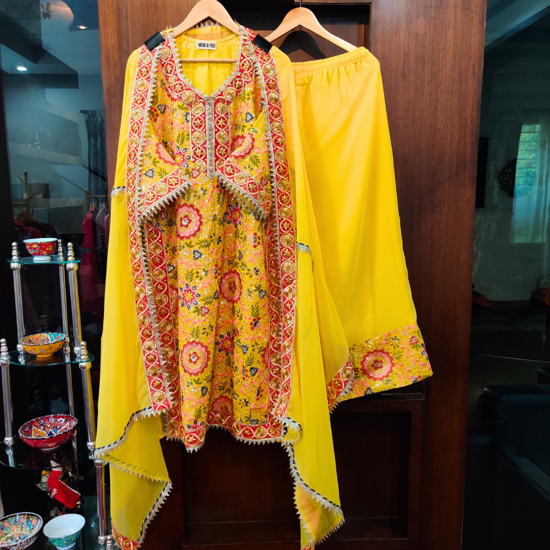 Yellow Floral Georgette Golden Gota Stitched Suit Set