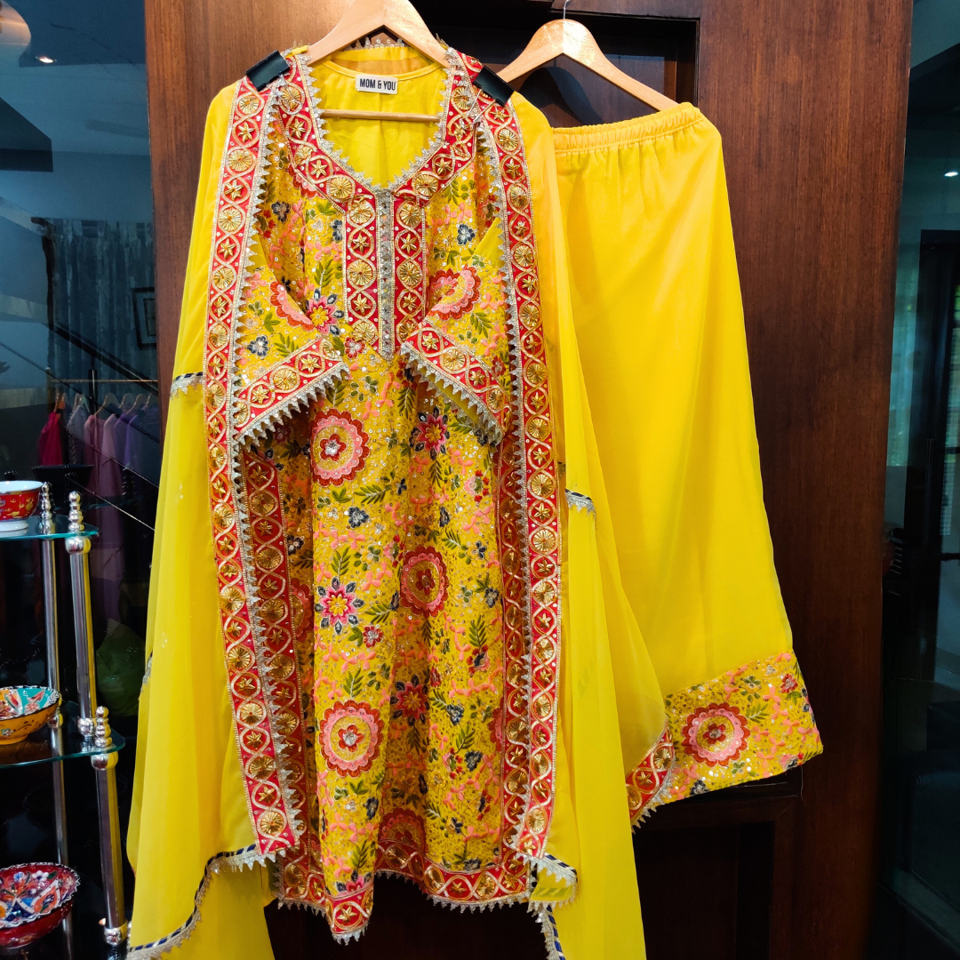 Yellow Floral Georgette Golden Gota Stitched Suit Set