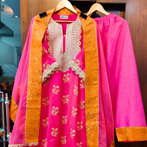 Magenta Silk Handblock Banarsi Gota Stitched Suit Set