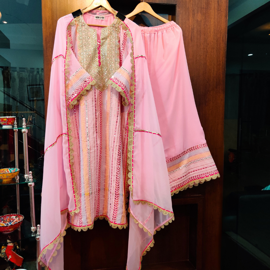 Pink Georgette Golden Gota Stitched Suit Set