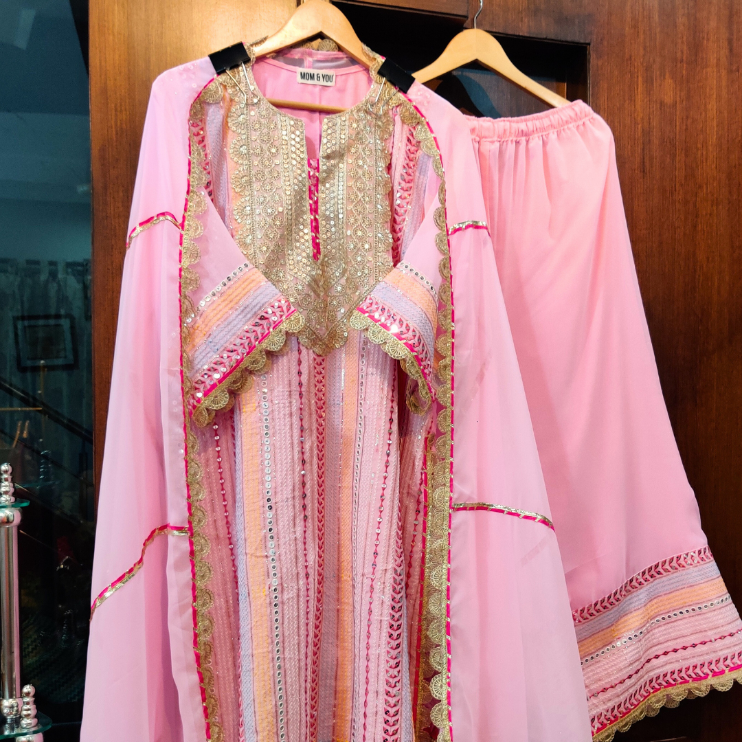 Pink Georgette Golden Gota Stitched Suit Set