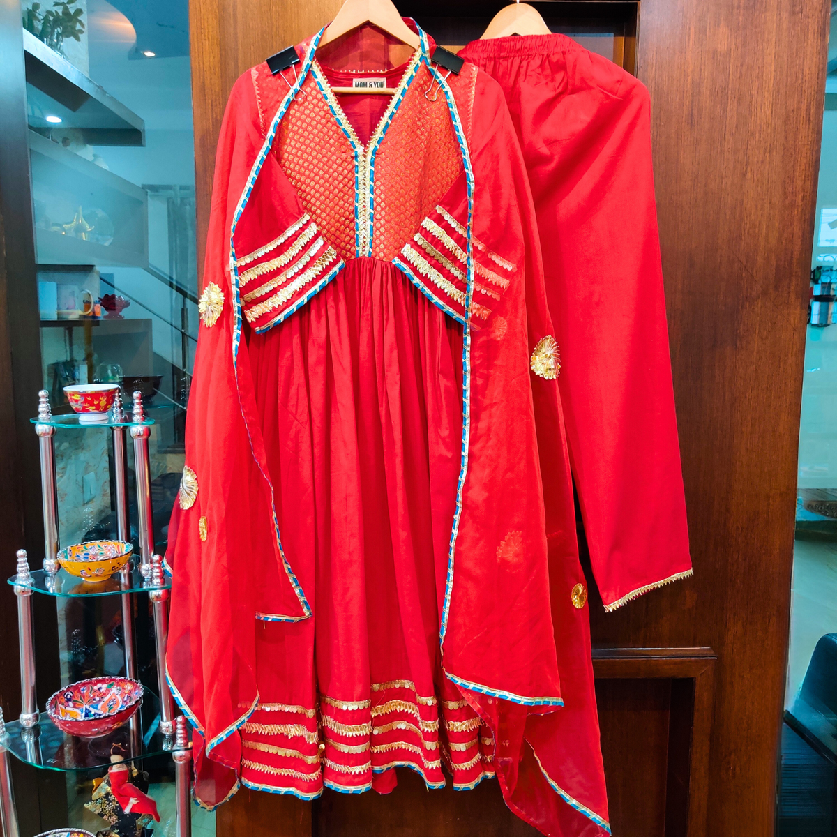 Red Cotton Stitched Anarkali Suit Set