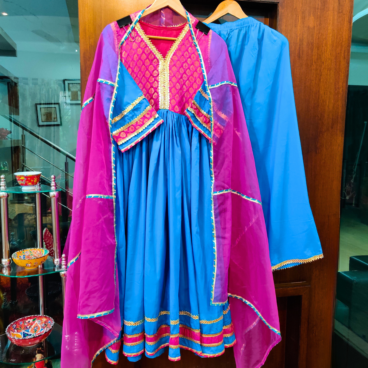 Sky Blue Cotton Stitched Anarkali Suit Set