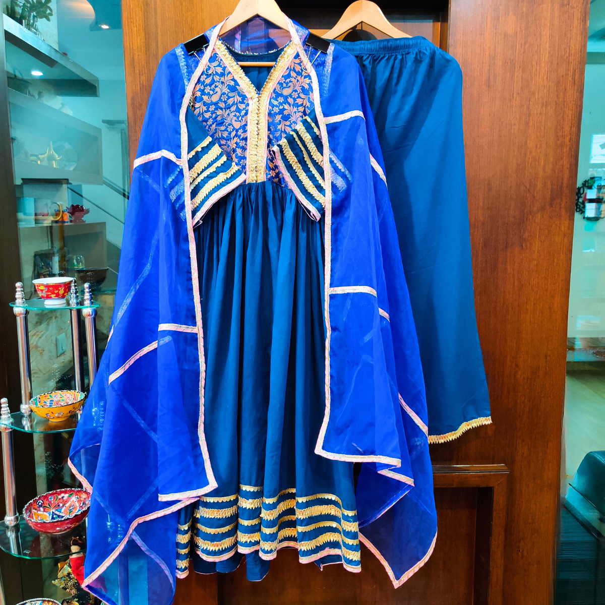 Blue Cotton Stitched Anarkali Suit Set