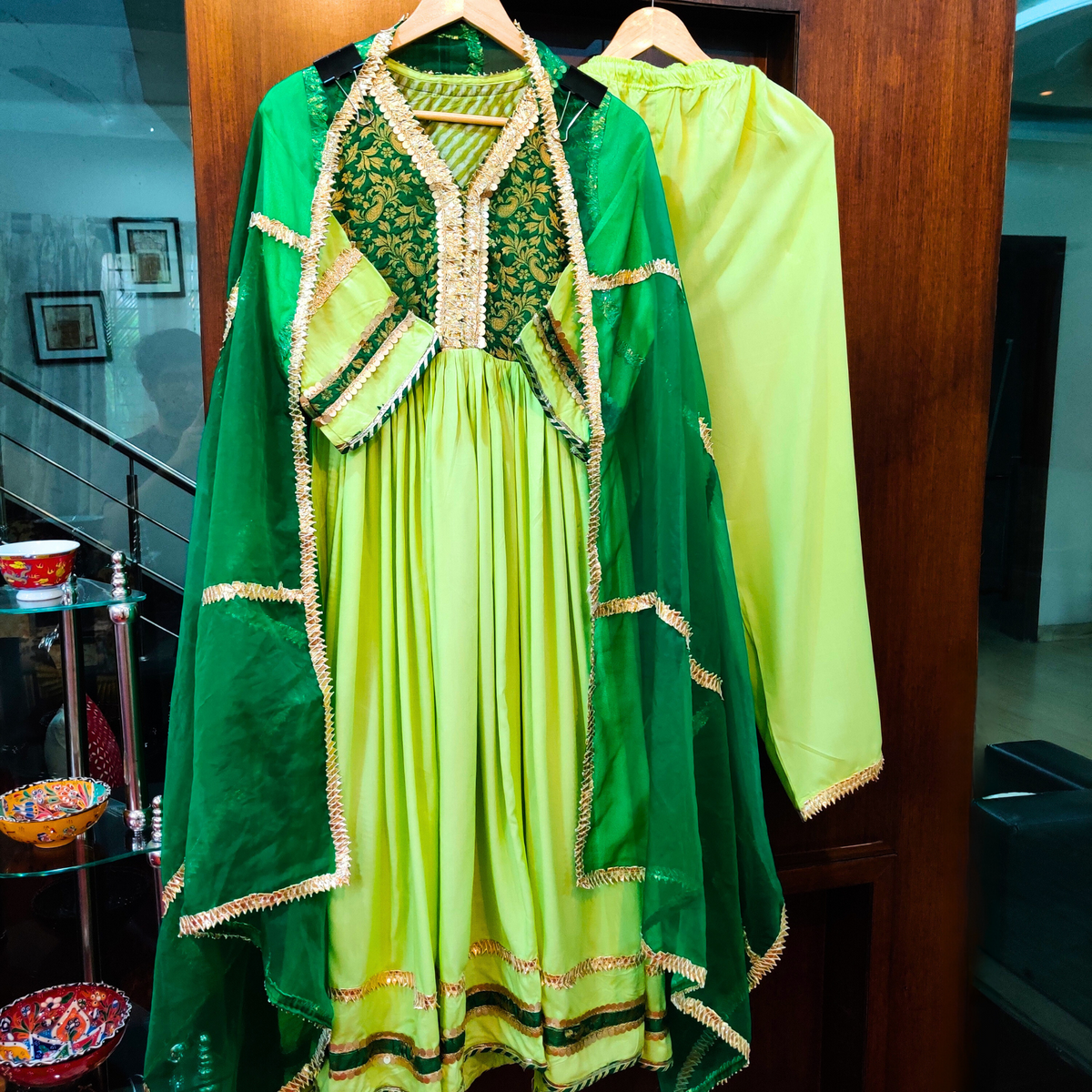 Green Cotton Stitched Anarkali Suit Set