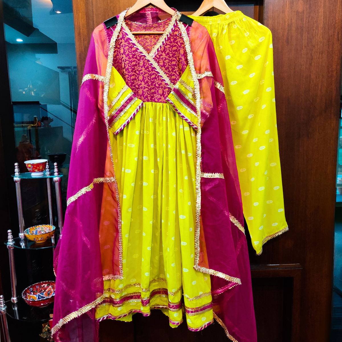 Lemon Yellow Cotton Stitched Anarkali Suit Set