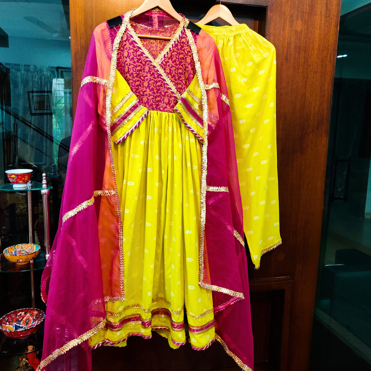 Lemon Yellow Cotton Stitched Anarkali Suit Set