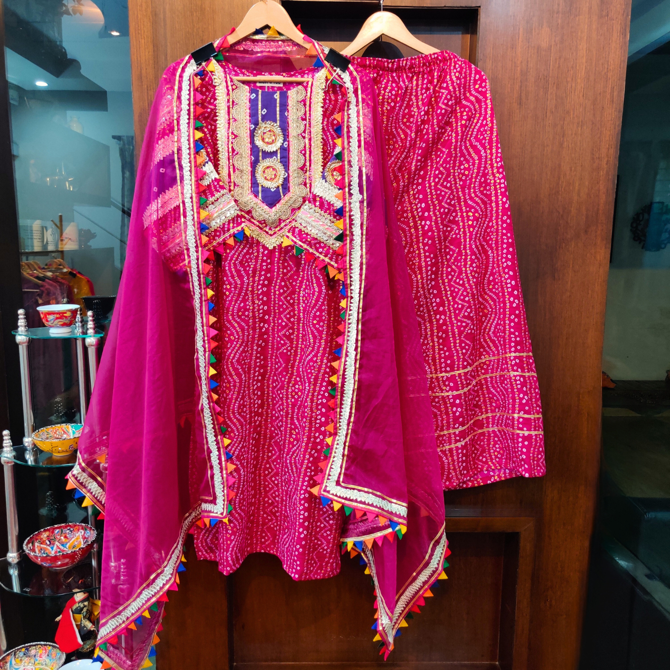 Magenta Bandhej Golden Handcrafted Gota Flowable Cotton Stitched Suit Set