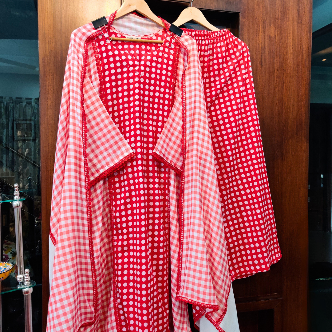 Red and White Polka Dot Cotton Stitched Suit Set