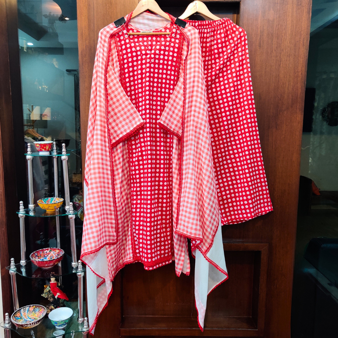 Red and White Polka Dot Cotton Stitched Suit Set