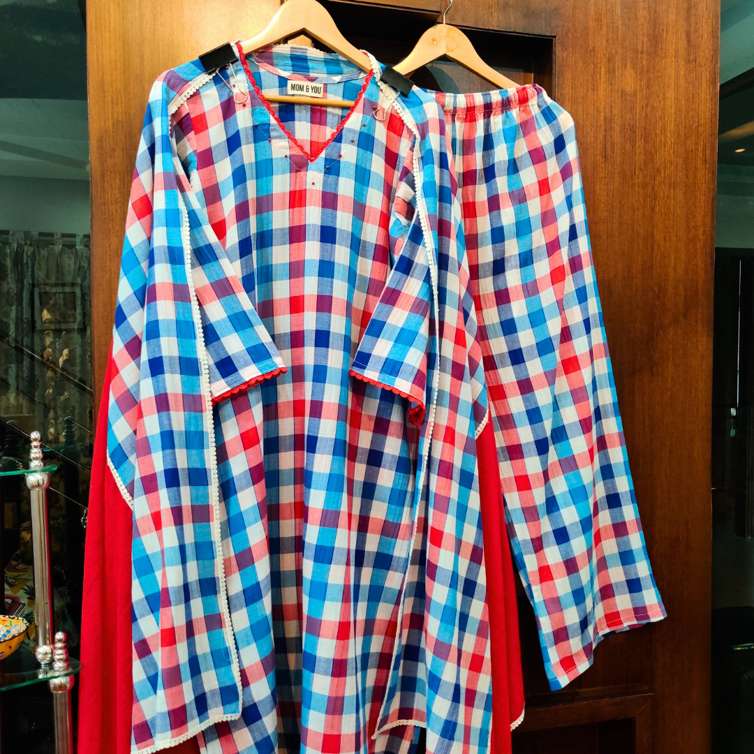 Blue and Red Checkred Cotton Lace Stitched Suit Set