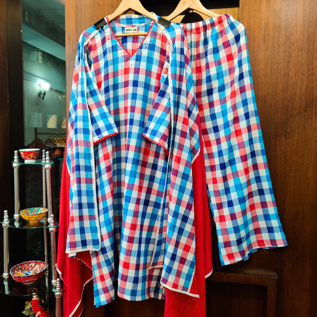 Blue and Red Checkred Cotton Lace Stitched Suit Set