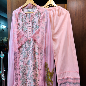 Peach Handblock Cotton Italian Lace Stitched Suit Set