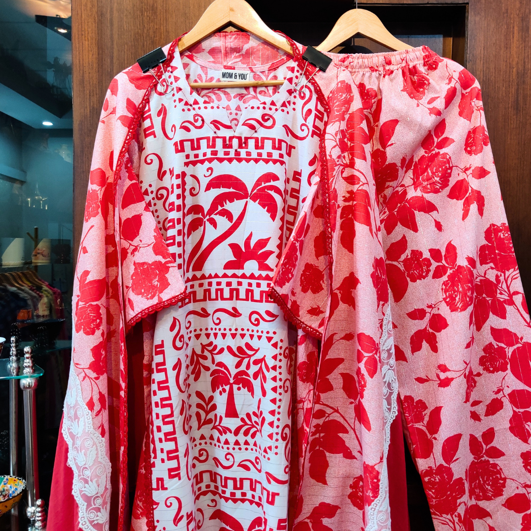 Red and White Digital Printed Cotton Stitched Suit Set