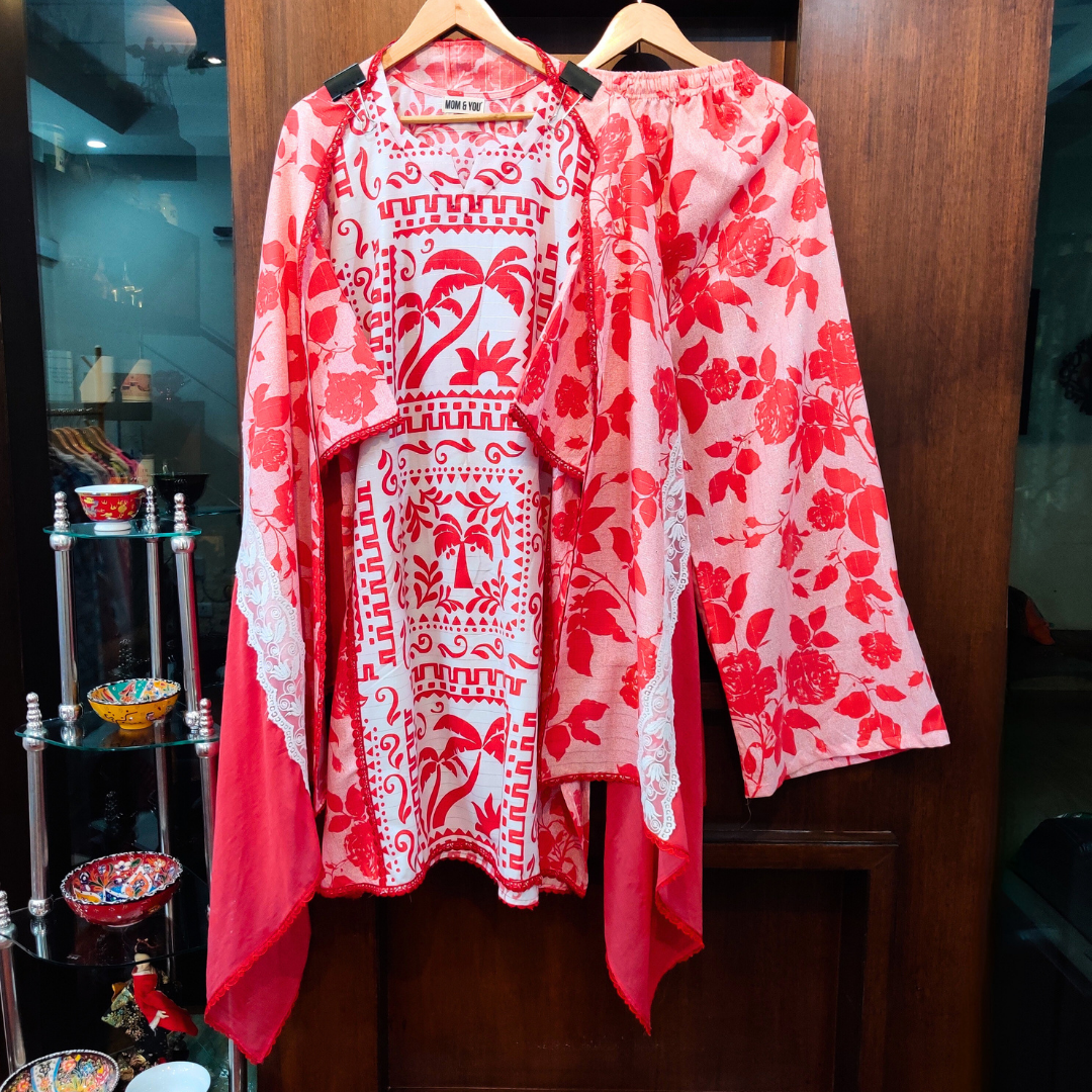 Red and White Digital Printed Cotton Stitched Suit Set