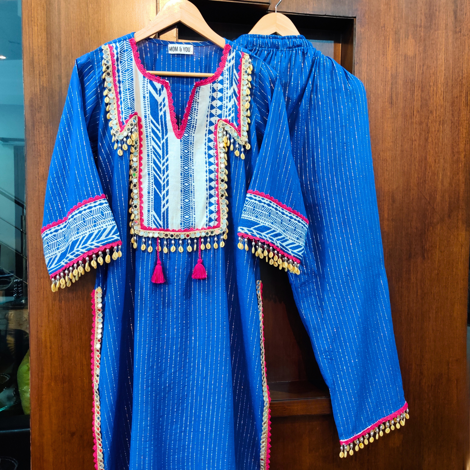 Blue Multi-Colour Embroidered Lurex Cotton Stitched Co-Ord Set