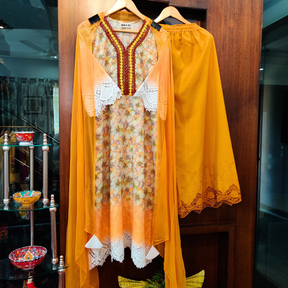 Yellow Digital Printed Brown Lace Cotton Stitched Suit Set1