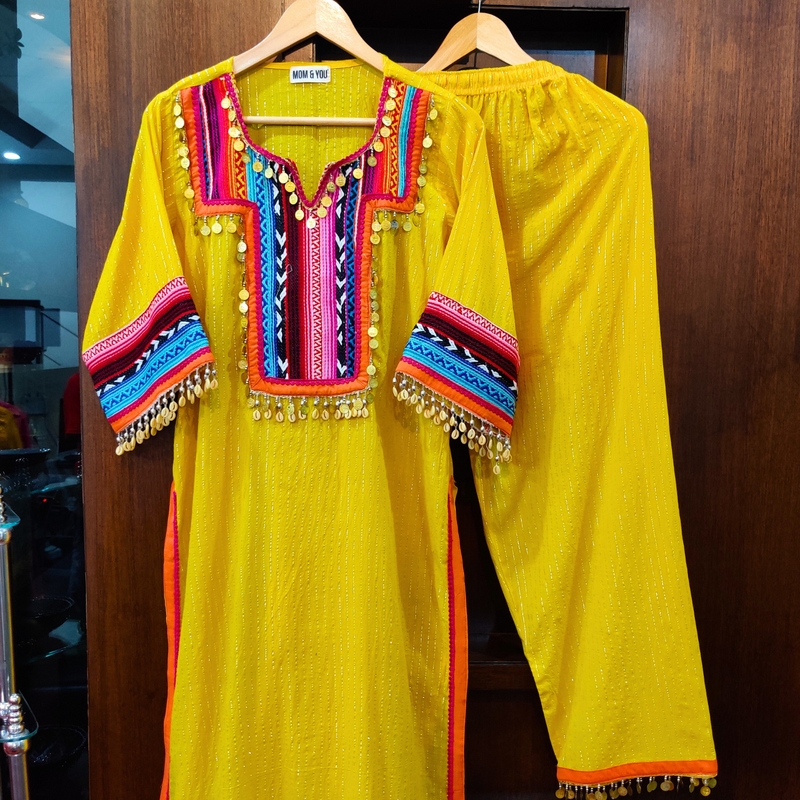 Yellow Multi-Colour Embroidered Lurex Cotton Stitched Co-Ord Set