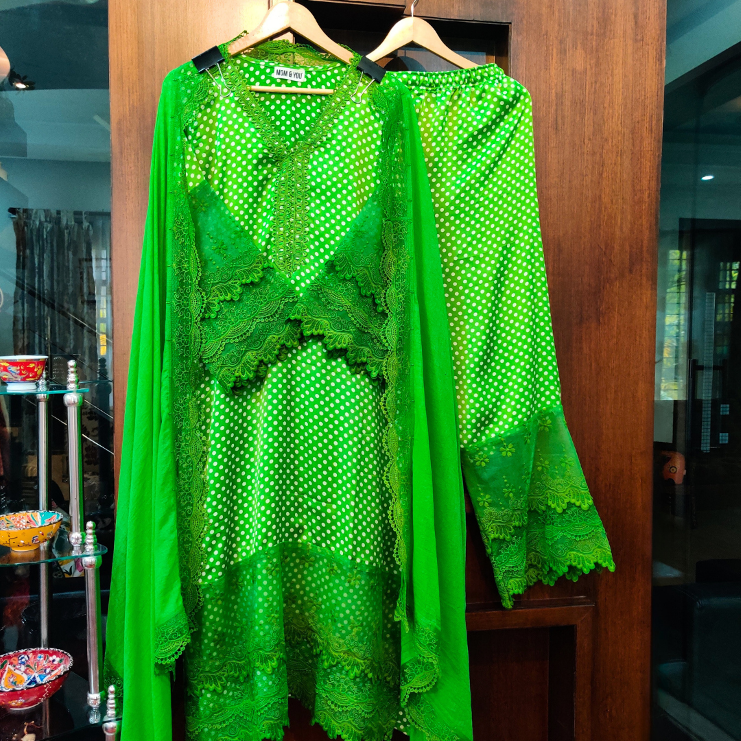 Green Polka Dot Satin Silk Stitched Suit Set
