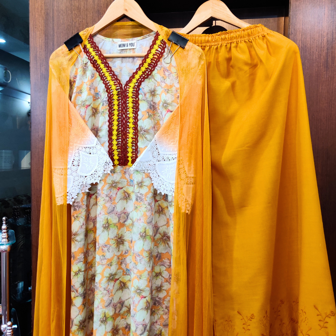 Yellow Digital Printed Brown Lace Cotton Stitched Suit Set1