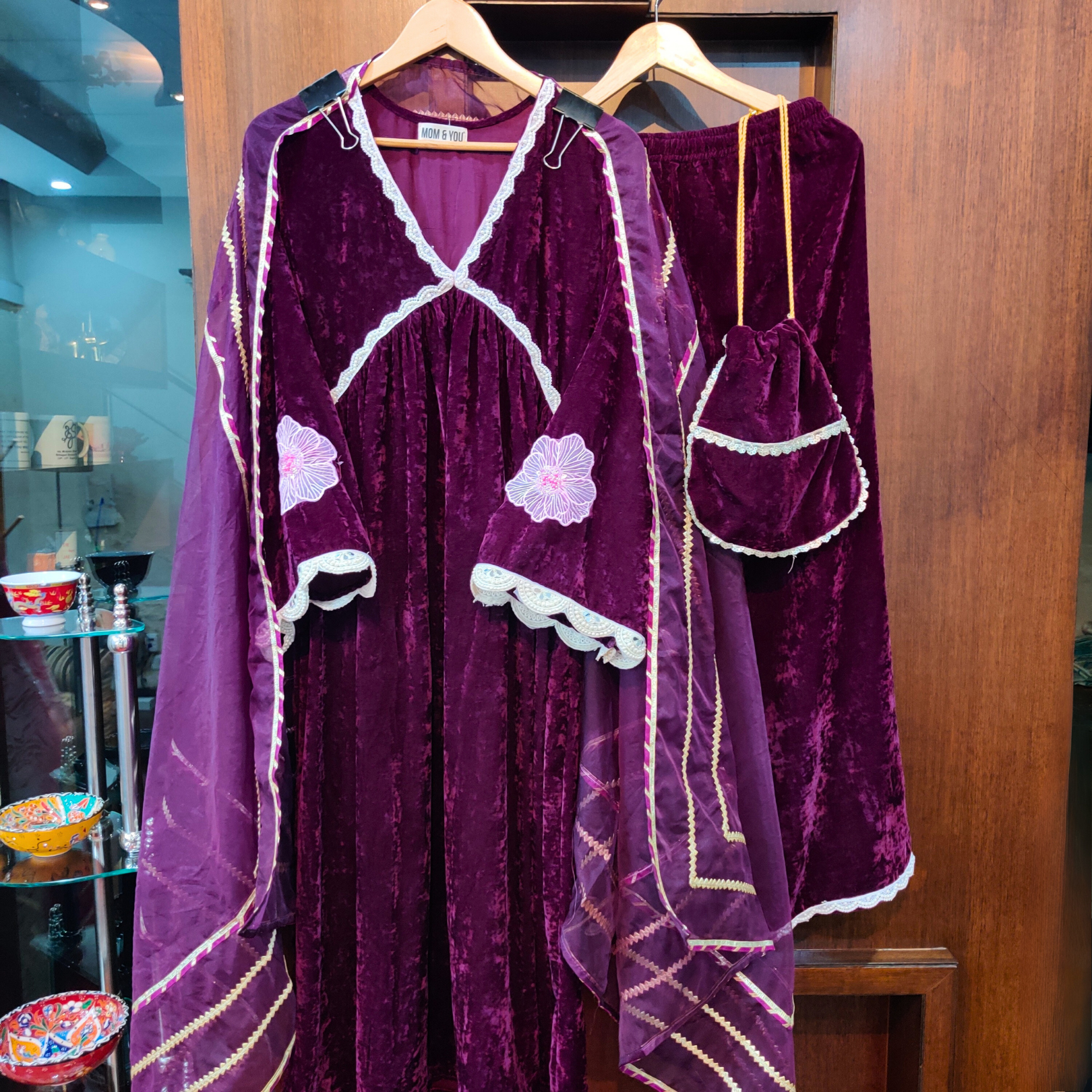 Purple Velvet Pearl Lace Stitched Anarkali Suit Set