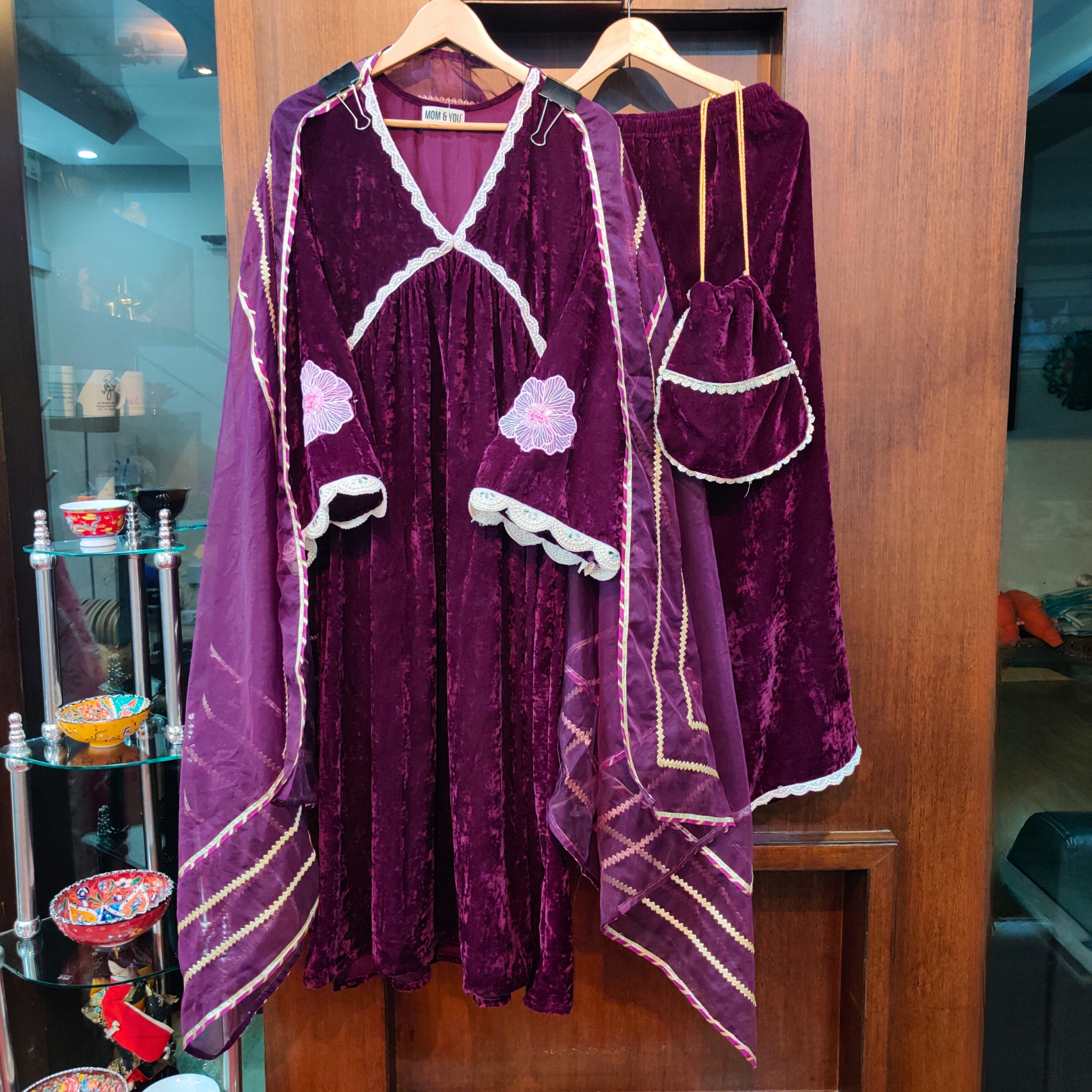 Purple Velvet Pearl Lace Stitched Anarkali Suit Set