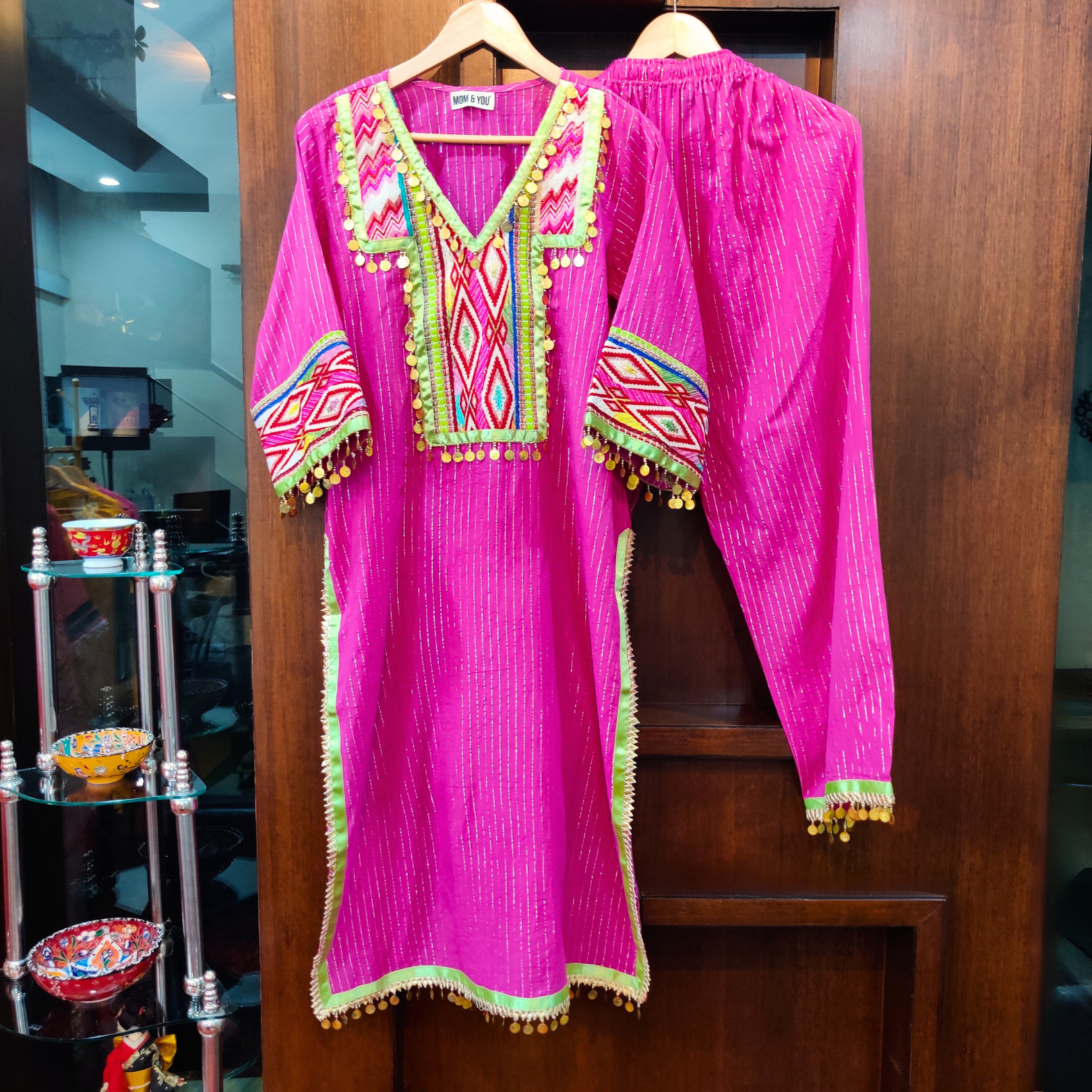 Pink Multi-Colour Green Embroidered Lurex Cotton Stitched Co-Ord Set