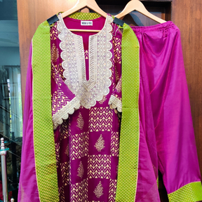 Purple Silk Handblock Banarsi Gota Stitched Suit Set