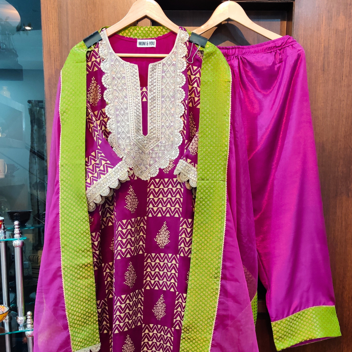 Purple Silk Handblock Banarsi Gota Stitched Suit Set