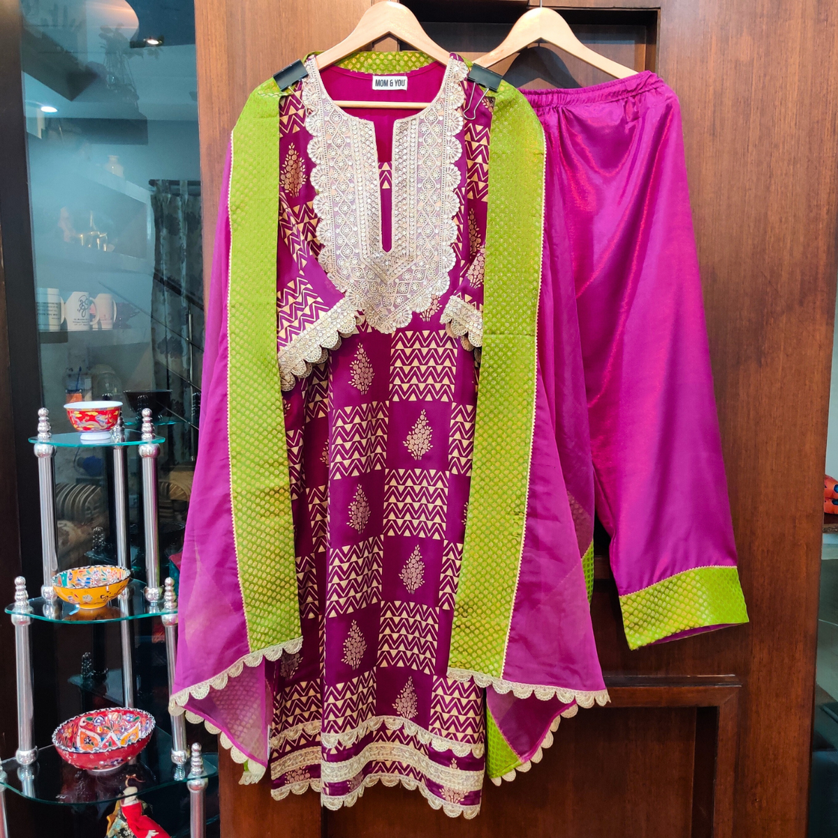 Purple Silk Handblock Banarsi Gota Stitched Suit Set